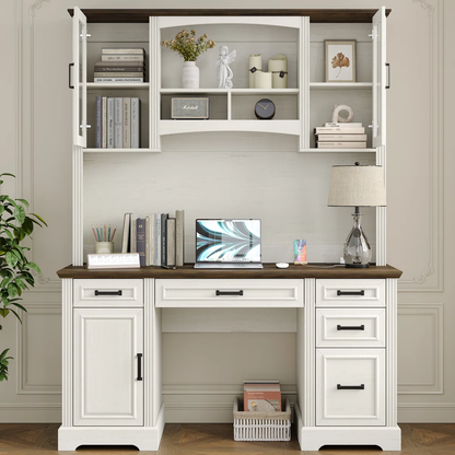 58" Computer Desk with Power Outlet & Hutch, Large Home Office Desk with Storage Shelves and Monitor Stand