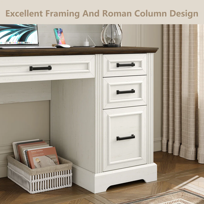 58" Computer Desk with Power Outlet & Hutch, Large Home Office Desk with Storage Shelves and Monitor Stand