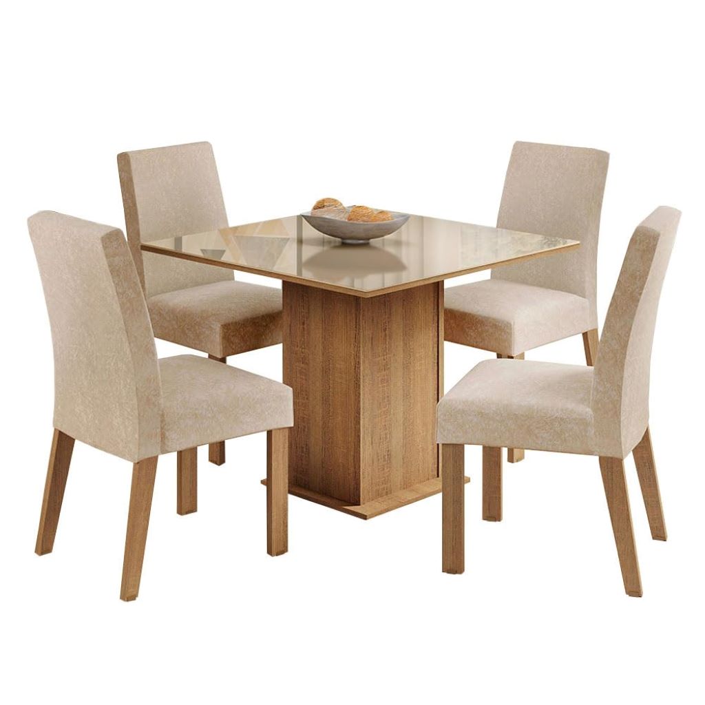 4-Seater Dining Set with Square Glass Table Top, Sturdy Wooden Frame,