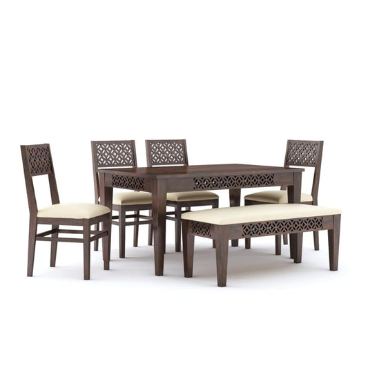 Solid Sheesham Wood 6 Seater Dining Table Set with 4 Chairs & 1 Bench – Walnut Finish
