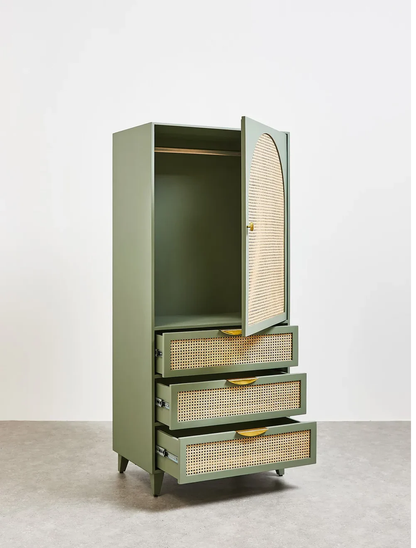 Sage Green Mango Wood & Rattan Wardrobe with Hanging Space and Soft-Close Drawer (75W x 55D x 170H cm)