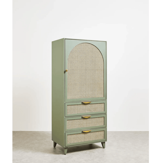 Sage Green Mango Wood & Rattan Wardrobe with Hanging Space and Soft-Close Drawer (75W x 55D x 170H cm)
