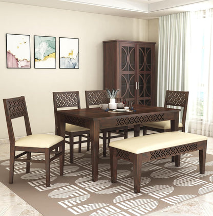 Solid Sheesham Wood 6 Seater Dining Table Set with 4 Chairs & 1 Bench – Walnut Finish