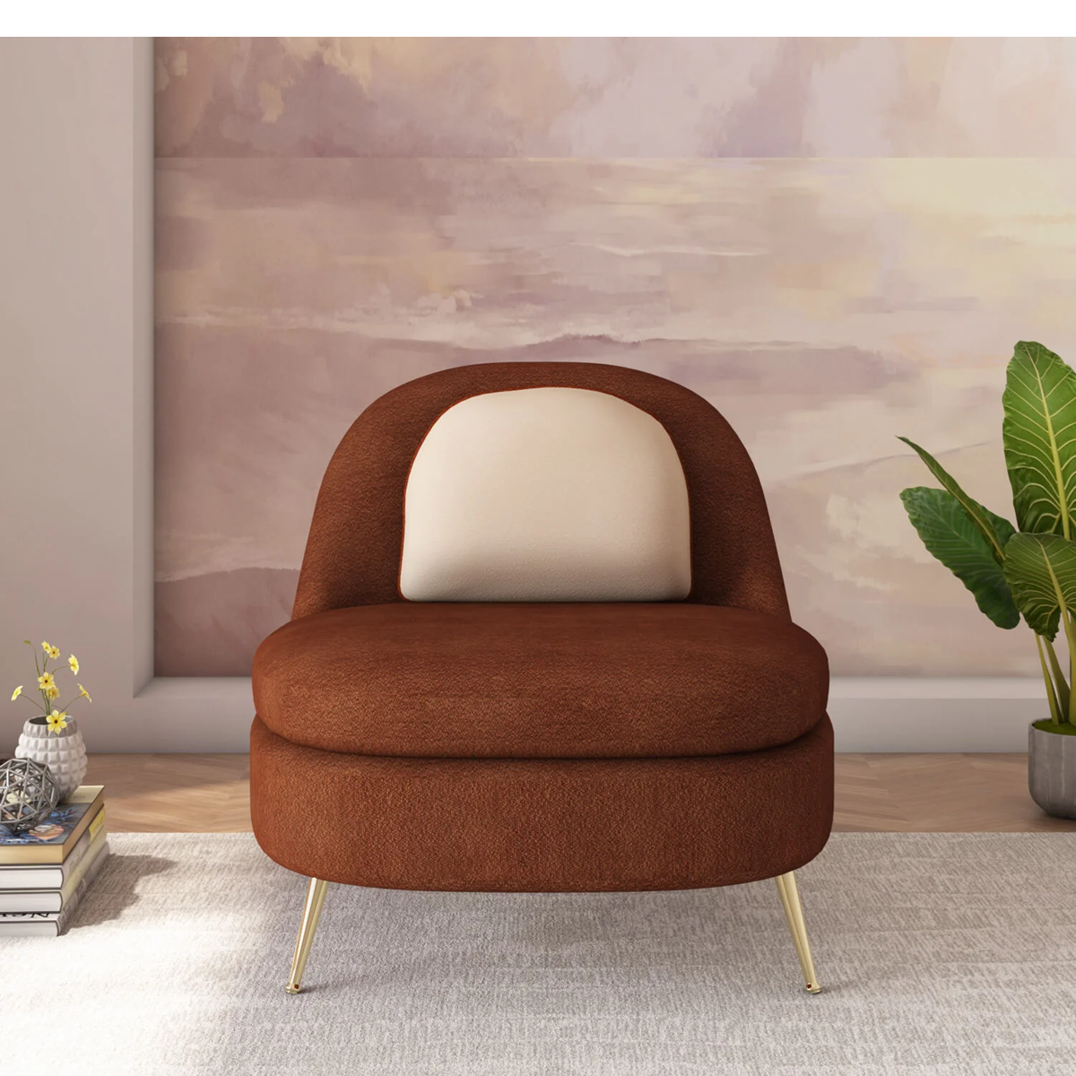 Brown armchair with gold legs in a room with a abstract wall painting and plants.