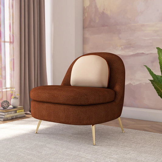 Brown armchair with beige cushion in a room with curtains and a painting.