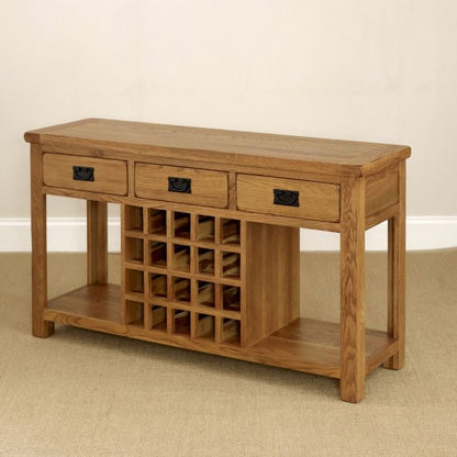 Wooden console table with wine rack on a beige carpet