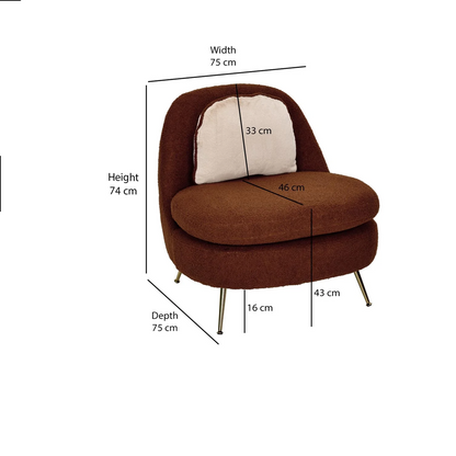 Brown armchair with dimensions labeled on a white background
