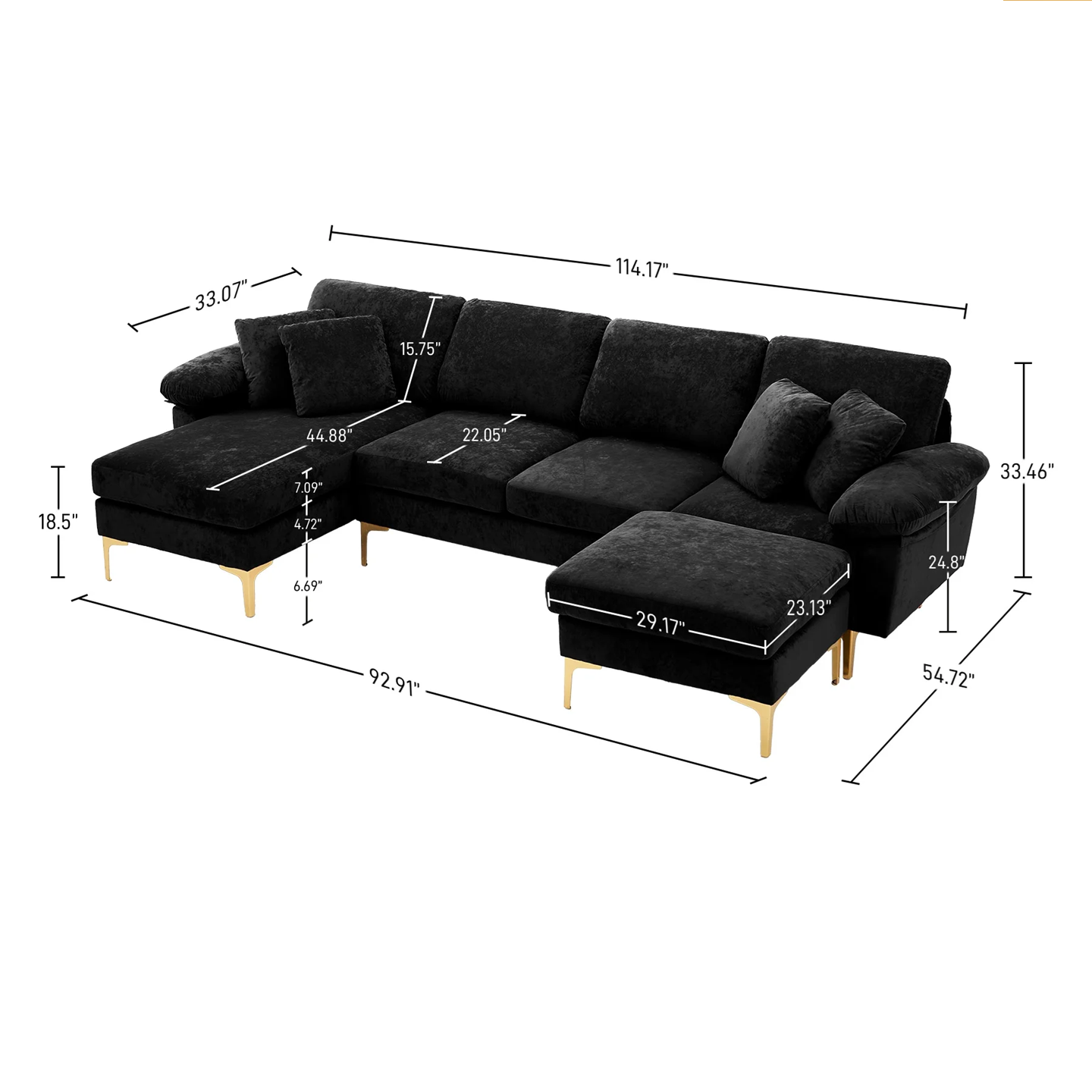 Black sectional sofa with dimensions标注 on a white background