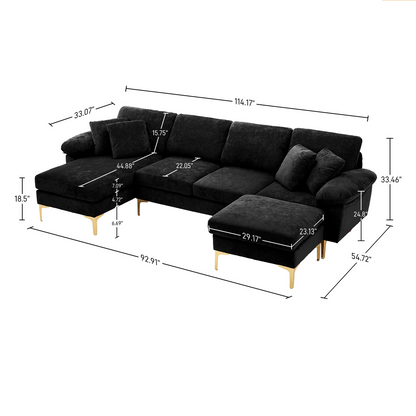 Black sectional sofa with dimensions标注 on a white background