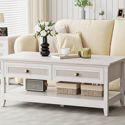44 Inch Boho Coffee Table with Dual Rattan Drawers & Open Storage