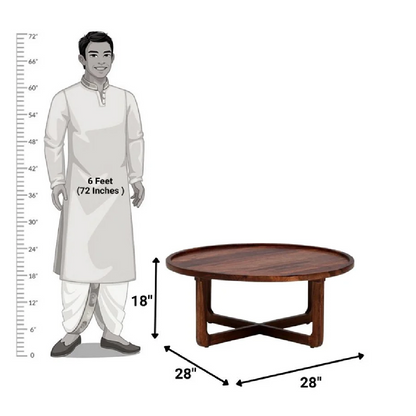 Cardboard standee of a man in traditional attire with measurements and a wooden table, on a white background.
