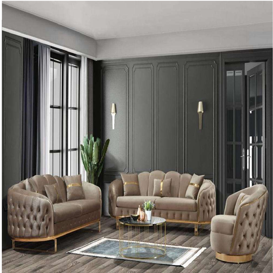Modern living room with beige sofa set and decorative elements.