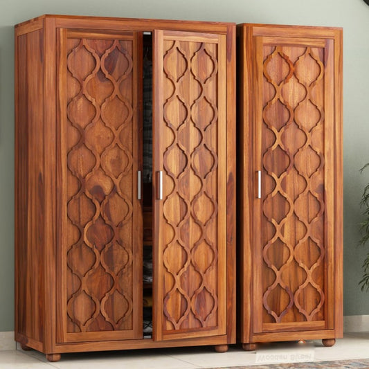 Solid Sheesham Wood 3-Door Wardrobe with 2 Drawers, 6 Shelves & Hanging Space – Large Bedroom Almirah (Honey Finish)