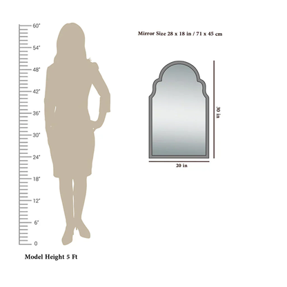 Measurement chart showing a mirror size of 28 x 18 inches with a silhouette of a person for scale.