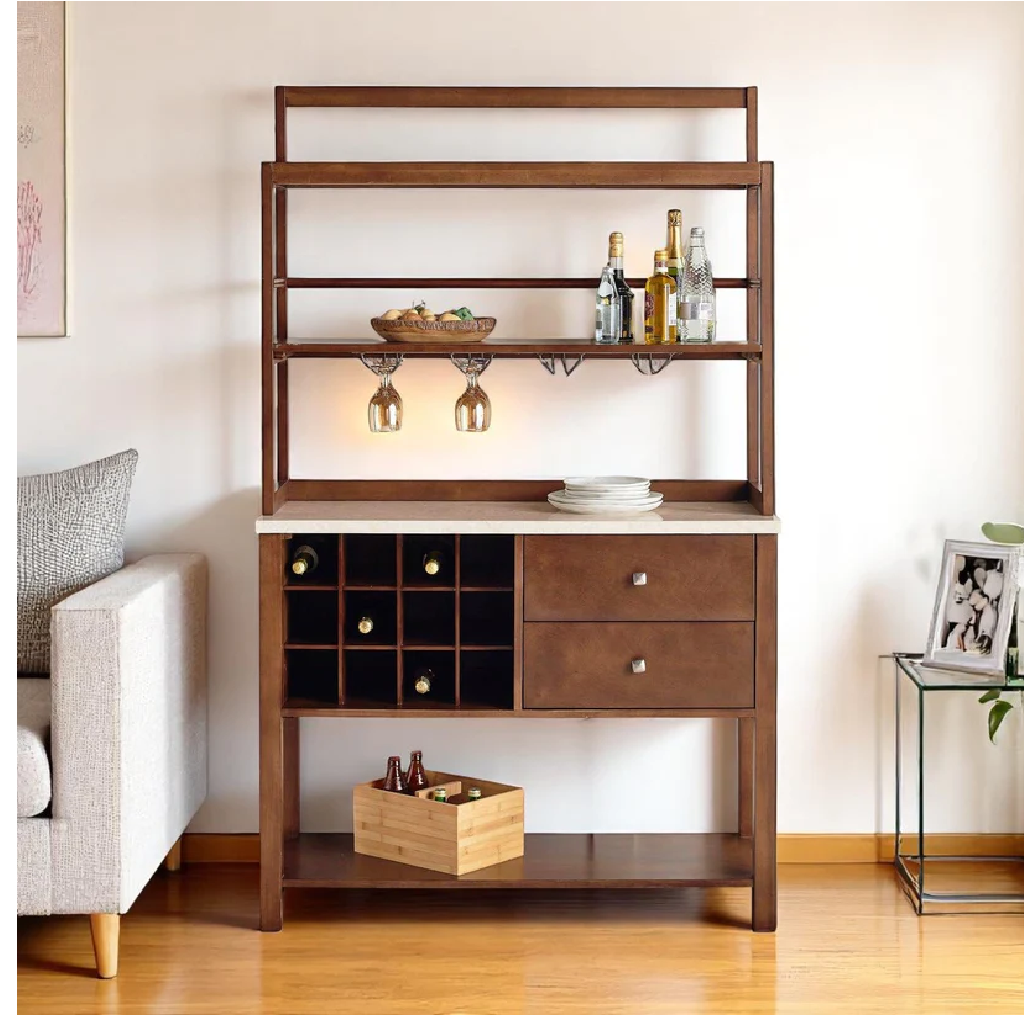 Wooden bar cabinet with shelves and drawers in a living room setting.