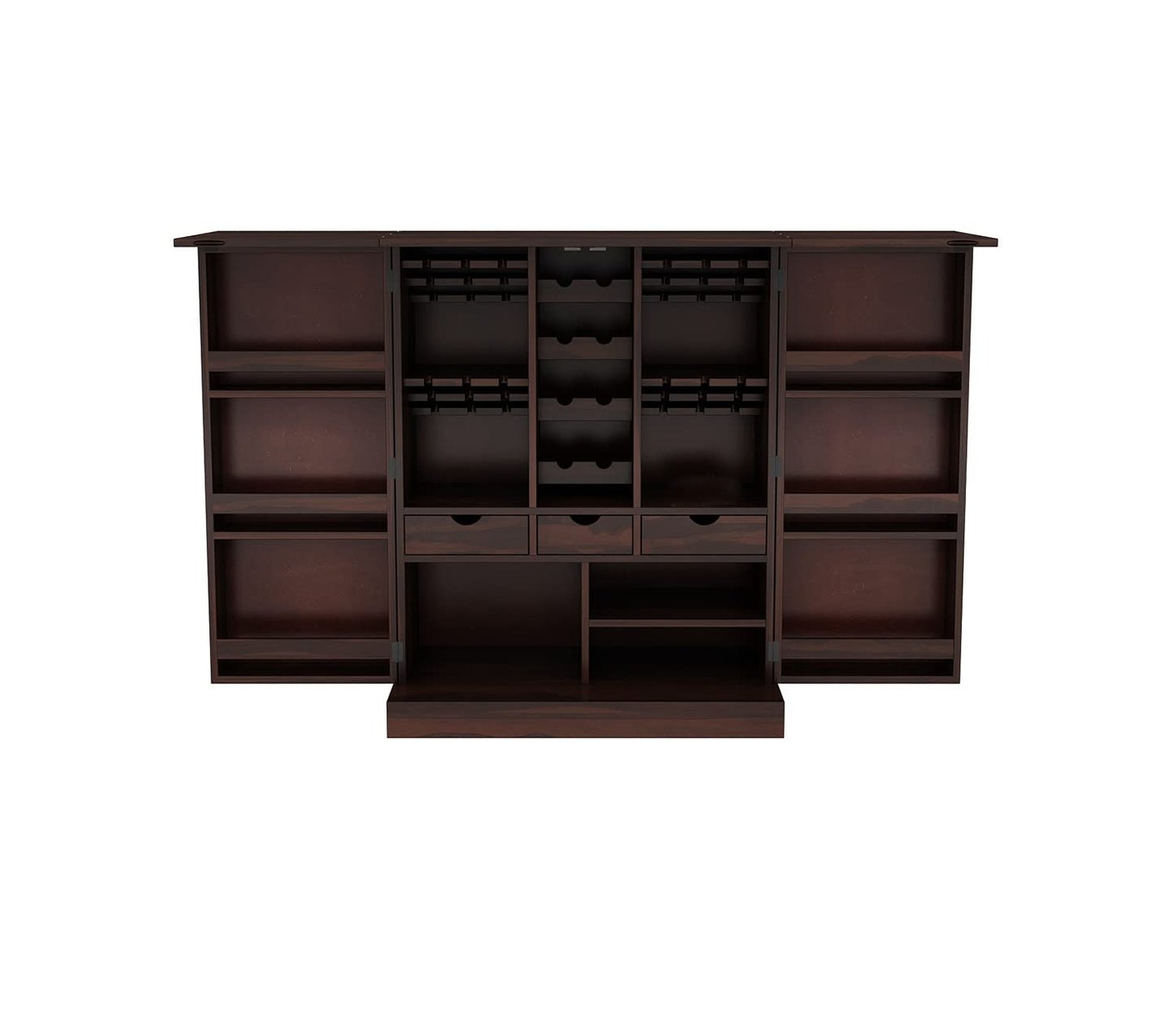 Solid Sheesham Wood Bar Cabinet with Wine Rack &amp; Glass Holder