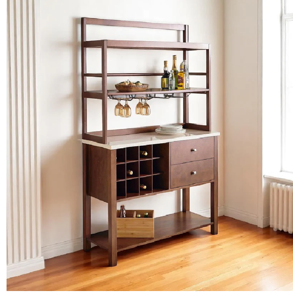 Wooden bar cabinet with shelves and drawers in a room with wooden floor and white walls.