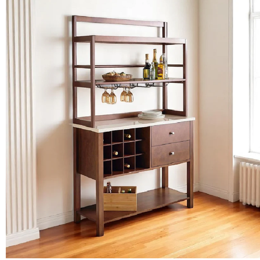 Wooden bar cabinet with shelves and drawers in a room with wooden floor and white walls.