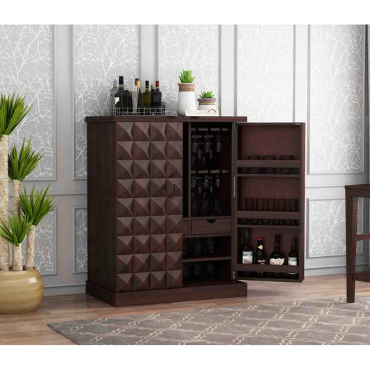 Solid Sheesham Wood Bar Cabinet with Wine Rack &amp; Glass Holder
